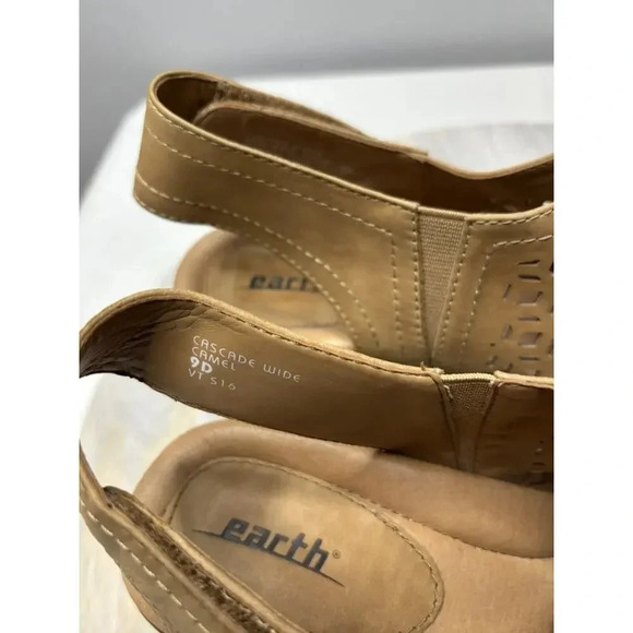 Earth Cascade Camel Tan Laser Cut Open Toe Leather Sandals Women’s Sz 9D - Picture 6 of 9